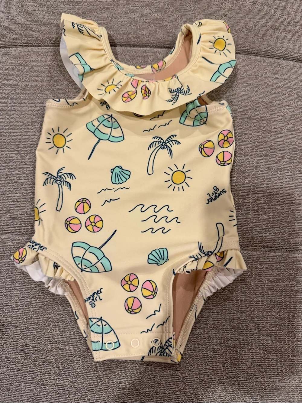 Baby Girl Ruffled One-Piece Swimsuit - Yellow Beach Print